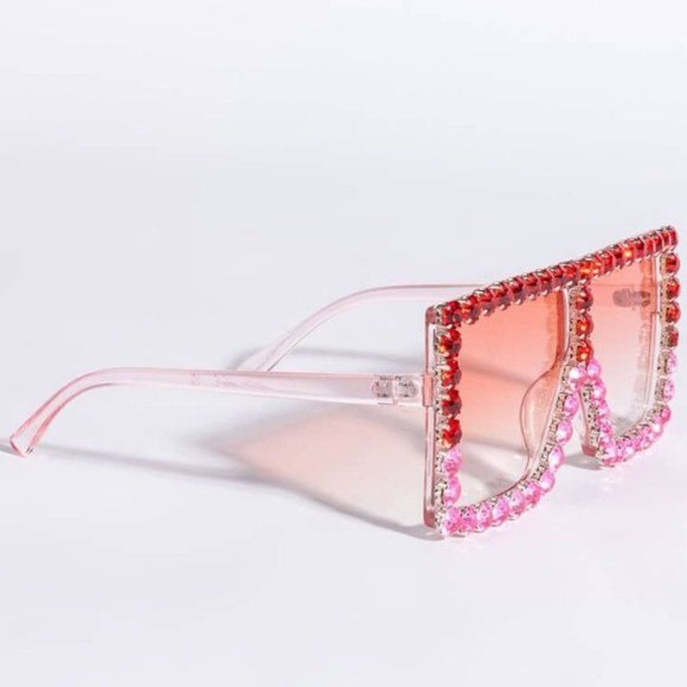 Stasia Sweet Valentine Rose Red Pink Ombre Oversized Rhinestone Sunnies - Picture 2 of 3